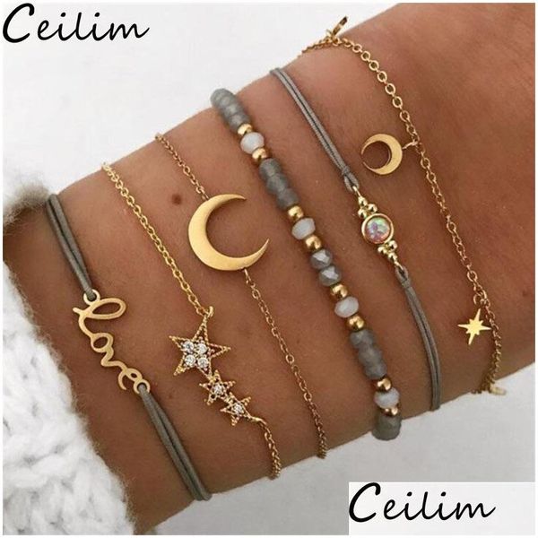 Kette Bohemian 6 Teile/satz Liebe Stern Mond Charme Armbänder Für Frauen Kristall Perlen Blau Weben Seil Sommer Strand Schmuck Zubehör dr Dhukx