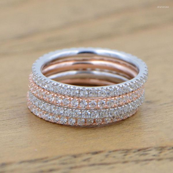 Cluster Rings Real Rose Gold Color Silver Per le donne Semplice classico Wedding Ring S925 Stamp Exquisite Cz Female Wholesale Jewelry