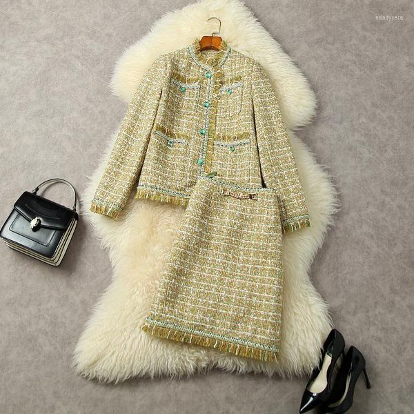 Lässige Kleider Damenbekleidung für den Winter 2023 Langarm Stehkragen Fransen Tweed Mantel Grüner Rock Mode Anzüge Europäisch und
