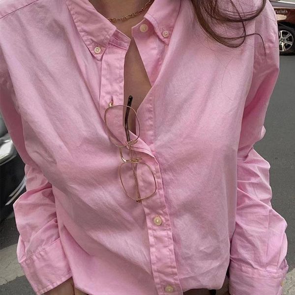 Herren-Freizeithemden, rosa, amerikanische Damen-Langarm-Stickerei-Hemd, modisch, Vintage, solides Oxford-Tuch, schicker Knopf, Baumwolle, Unisex