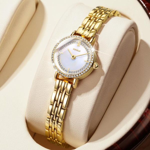 Armbanduhren Frauen Uhr Mode Kleine Mini Zifferblatt Uhren Diamant Lünette Luxus Echtes Leder Damen Gold Goldene Quarzuhr Weibliche Reloj