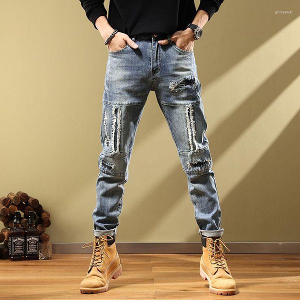 Herren Jeans Mode Stickerei Zerrissene Männer Hübsche Persönlichkeit Gebrochener Schrott Kleine Füße Vintage Alter Stil Herbsthose