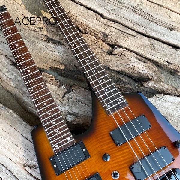 Heißer Verkauf Double Neck Headless E-Gitarre Tobacco Burst Flamed Maple Top Tremolo 6 String Gitarre + 4 String Bass Combo Schwarz Hardware