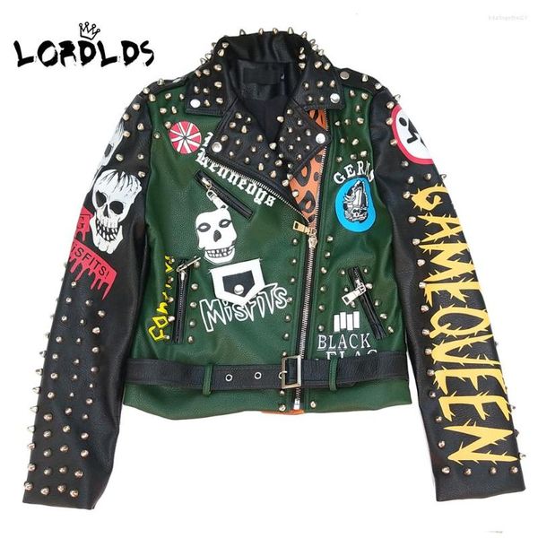 Jaquetas femininas LORDLDS jaqueta de couro verde com caveira 2023 outono moda estilo punk motociclista motocicleta e casacos streetwear