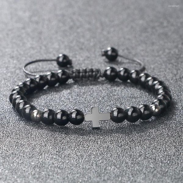 Strand Hematite Cross Charms Bracelet 6mm Natural Stone Bracelets Handmade Men Oração Frisado Ajustável Bangles Yoga Jóias Pulseiras