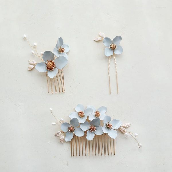 Fermagli per capelli colore azzurro floreale pettine da sposa pin pezzo per gioielli da donna accessori da sposa fatti a mano