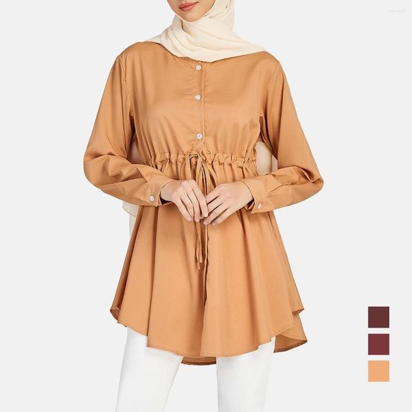 Roupas étnicas Moda Feminina Blusas Casual Manga Comprida Muçulmana Vestido Ramadã Camisas Modesta Túnica Tops Tamanho Grande S-5XL Túnica Feminina Muçulmana