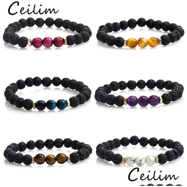 Frisado 8mm Designs Lava Rock Beads Charms Pulseiras Difusor de Óleo Essencial Elástico Pedra Natural Para Homens Olho de Tigre Chakra Moda Dr Dhslw