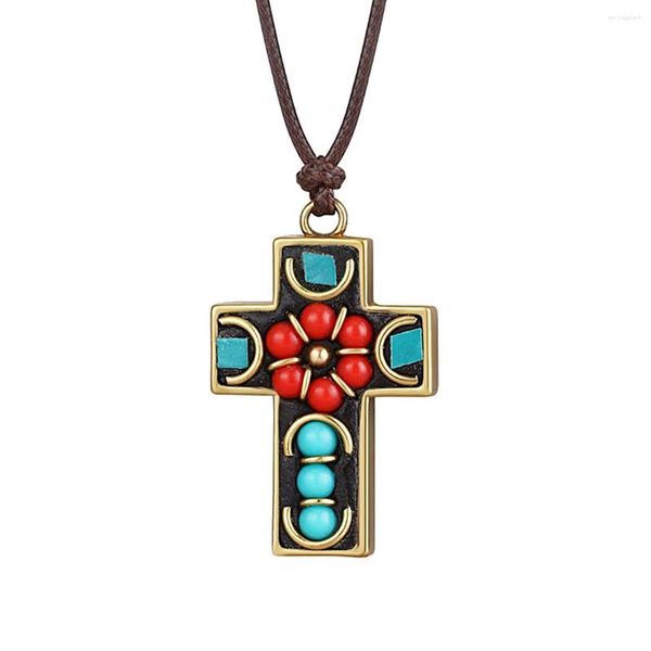 Collane con ciondolo Croce di rame Intarsio religioso Nepal Perline Collana a catena in pelle Gioielli antichi fortunati per donna Uomo