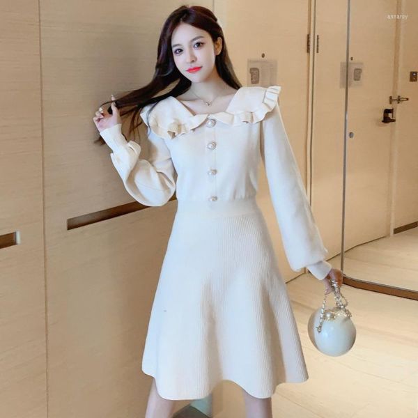 Sıradan Elbiseler Kadın Oneepiece Elbise Kore Vintage Sevimli Örgü Katı Bel Tam Bel Tam Kollu Moda Pirinç Beyaz Kırmızı Siyah Kadın Etek