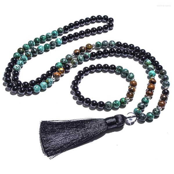 Halsketten mit Anhänger, 8 mm, schwarzer Onyx, Tigerauge, afrikanischer Türkis, Halskette, Armband, 108 Mala-Gebetsperlen, Meditation, Yoga, Japamala-Schmuckset