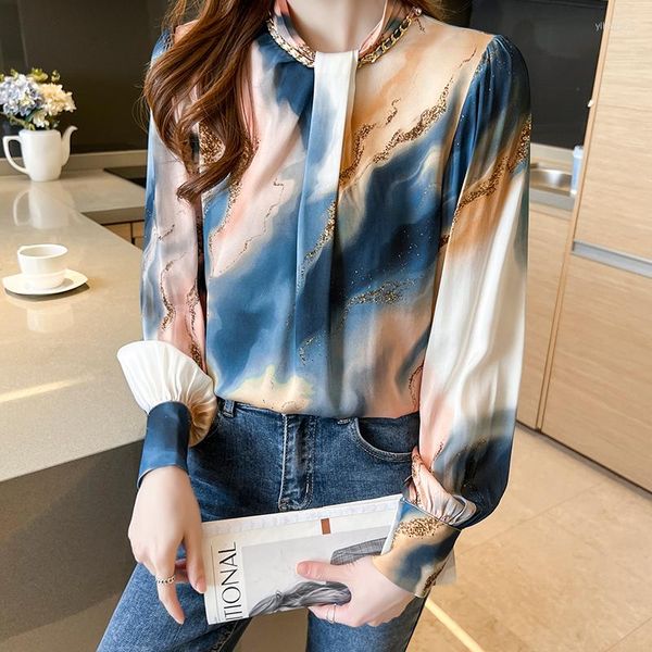 Blusas Femininas Fashion Chain Vintage Women Printed Ladies Shirts 2023 Spring Summer O-neck Manga Longa Satin Tops Elegant Mujer Blusas