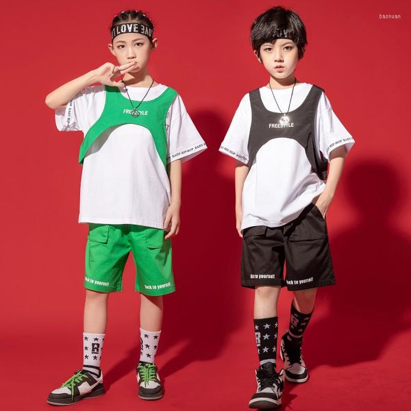 Sahne Giyim Çocuklar Hip Hop Giyim Kıyafetleri Omuz Yeleği Tişört Sokak Giyim Şortları Kızlar Erkekler Caz Dans Kostümleri Genç Gösteri Giysileri