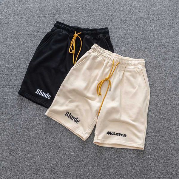 Shorts masculinos RHUDE Shorts de algodão com cordão da melhor qualidade Chegada Vintage Letter Men Women Calças respiráveis bordadas soltas pretas damasco