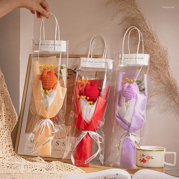 Flores decorativas Tulipa Crochê Flor Coração Falso Acabamento Feito à Mão Bouquet Embalado Feito à Mão Decoração de Área de Trabalho Doméstica