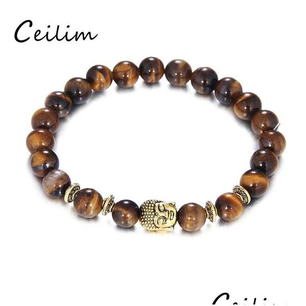 Contas de Olho de Tigre frisadas 8 mm Pulseira Moda Jóias Atacado Pedra Natural Com Charme Buda Pulseiras Masculinas Pulseira Drop Delivery Dh7Zo