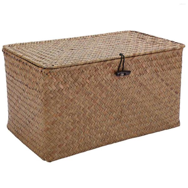 Sacchetti per gioielli Cestino portaoggetti in paglia intrecciata a mano con coperchio Scatola per organizer per trucco Cesti per biancheria Seagrass Scatola in rattan(M)