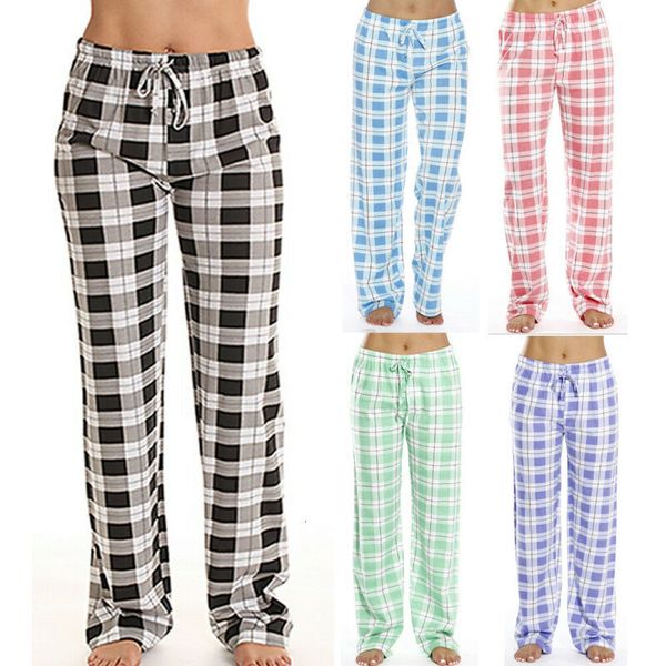 Calça feminina Capris Casual Feminina Xadrez Tartan Mistura de Algodão Xadrez Pijama Pijama Bottom Loose Lounge 230609