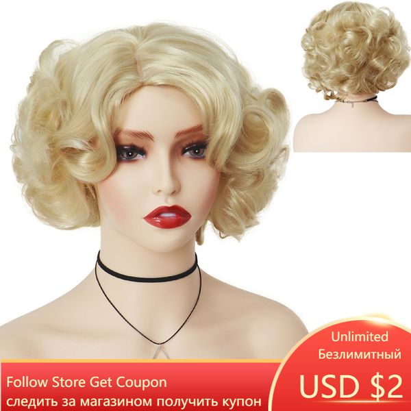 Synthetische Cosplay-Perücke, kurzes lockiges Haar, platinblonde Perücken für weiße Frauen, flauschige Locken, Flip 60er-Jahre-Gatsby-Frisuren, Wigfactory