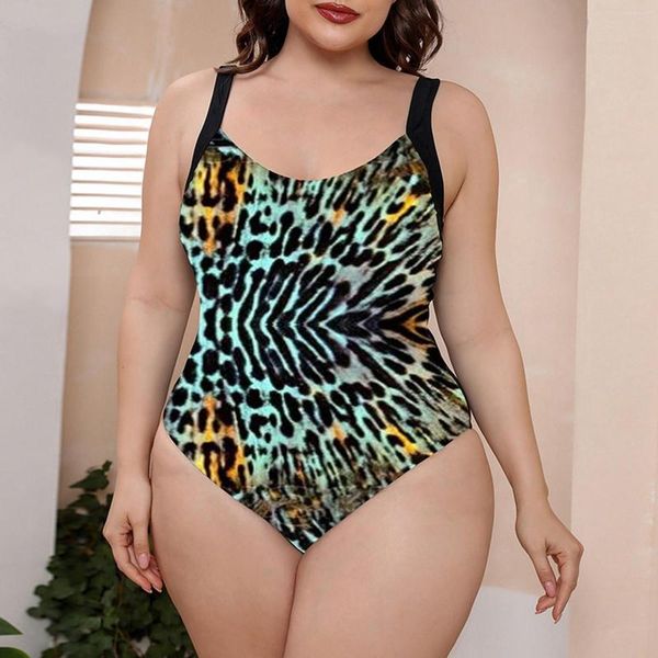 Roupa de banho feminina sexy cintura alta de cera de biquíni tamanho grande colorido flor aleatória ondulado estampa de leopardo fundo verde