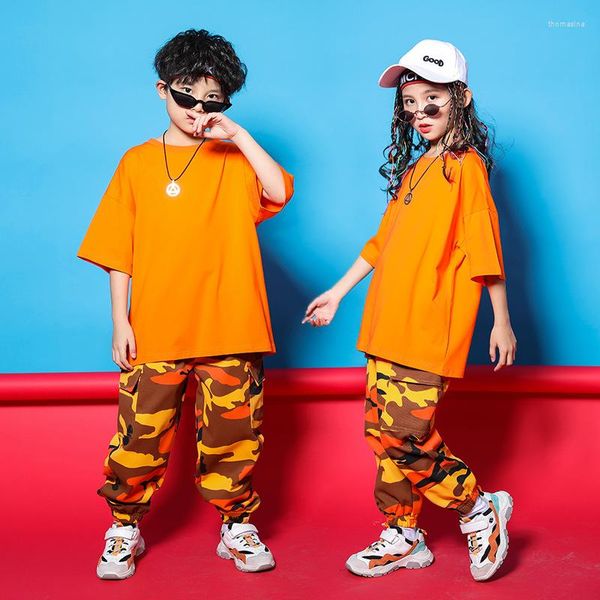 Стадия ношения девочек или мальчиков хип -хоп одежда апельсиновые топы с камуфляжными брюками детские джазовые танцевальные костюмы бальные танцы одежды