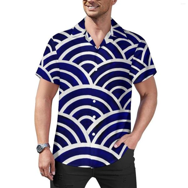 Camisas casuais masculinas Azul marinho Seigaiha Camisa de férias Japonês Estampa de onda Blusas masculinas inovadoras Manga curta Roupa gráfica Plus Size