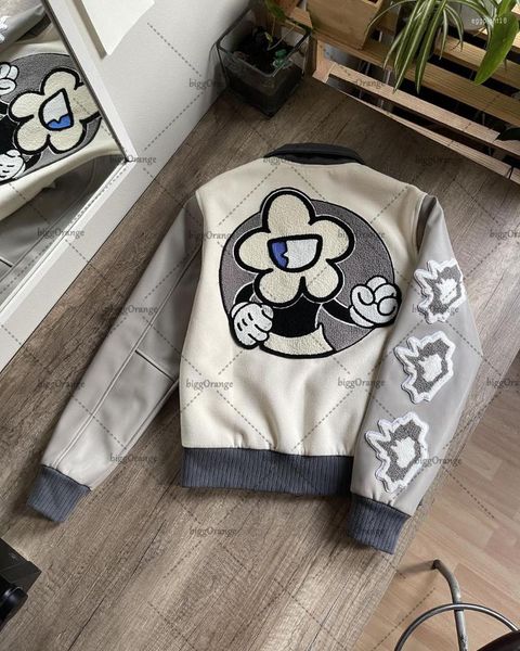 Giacche da donna Cartoni animati americani Floccaggio Ricamo Cappotto grigio Abbigliamento da donna High Street Trend Giacca bomber casual retrò Harajuku in pelle