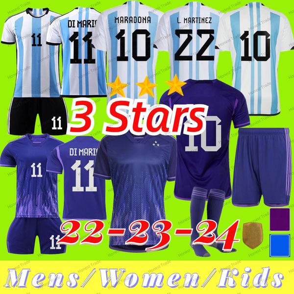 3 stelle Argentina Soccer Jersey Football Shirt 2022 Dybala de Paul Maradona Di Maria L.Martinez 22 23 uomini Kit per bambini Kit per bambini Socie calzini