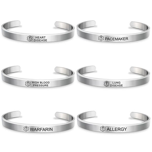 Pulseira de identificação médica pulseiras pulseiras graváveis diabetes aço inoxidável pulseira de punho aberta amizade jóias drop delivery Dhs64