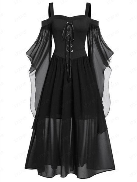 Vestidos casuais básicos vintage feminino fantasias de cosplay de bruxa de halloween gótico fora do ombro com cadarço bandagem malha transparente linha A vestido longo cami vestido de festa 230609