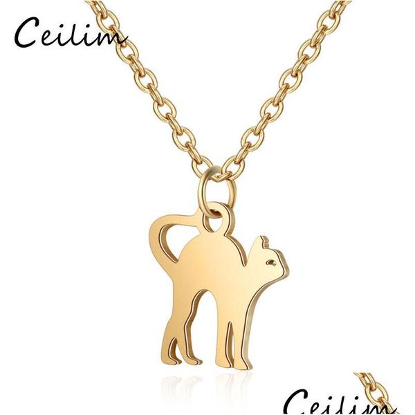 Collane con ciondolo Collana con simpatico gatto Gioielli con ciondoli per animali in acciaio inossidabile 316L per donne e uomini con design semplice Catena in oro / argento Drop Dhxum