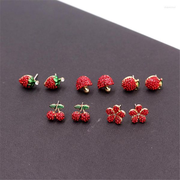 Brincos Stud Strawberry Cherry Apple Fruit Moda Flores Vermelhas Joias Delicadas Femininas Atacado