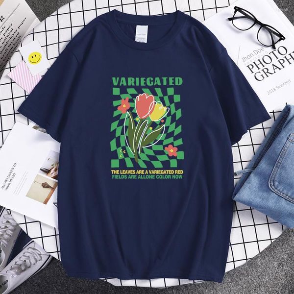 Herren-T-Shirts, bunte Tulpen, grünes Gittermuster, T-Shirts, Avantgarde, spirituelle Herren-T-Shirt, Baumwolle, Straßenkleidung, Vintage-Männer