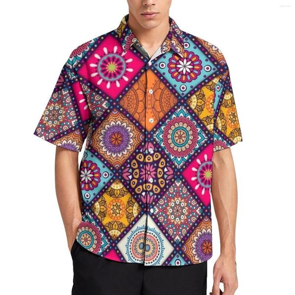 Camisas casuais masculinas Bohemian Mandala Vacation Shirt Hippies Print Hawaiian Man Y2K Blusas Manga Curta Roupas Personalizadas Tamanho Grande 4XL