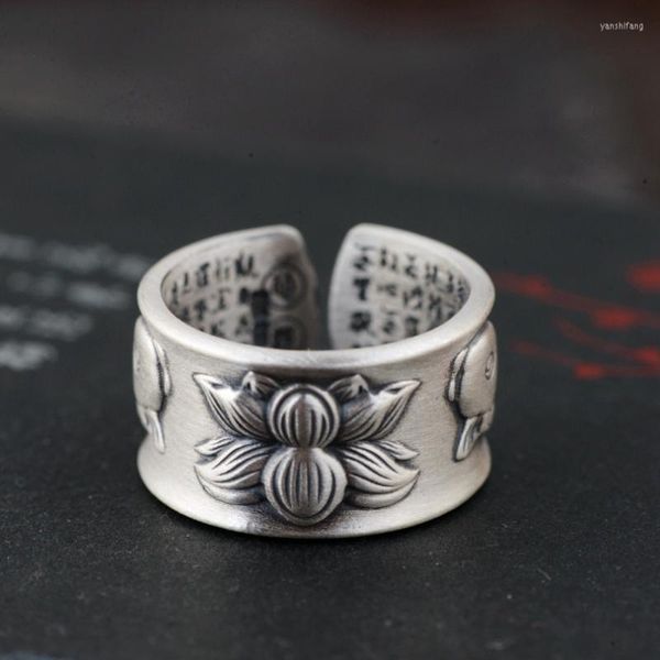 Ringos de cluster S990 Sterling Silver Fish Lotus Heart Sutra Anel ajustável para homens Mulheres Tamanho real da banda aberta