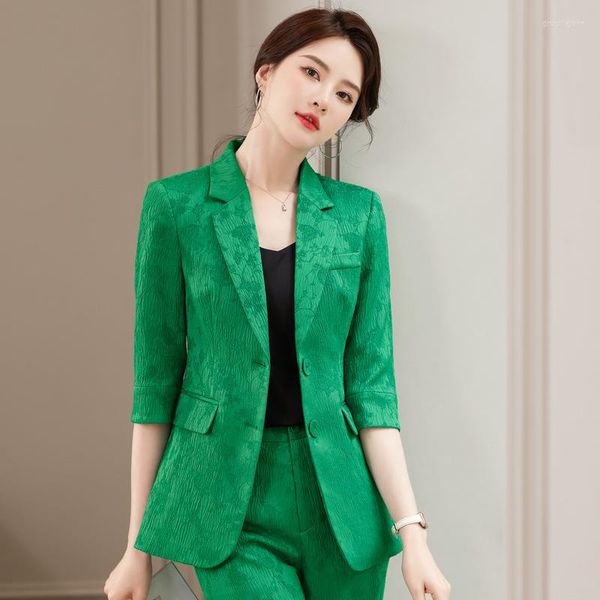 Женские брюки с двумя частями Izicfly Summer Style Half Green Floral Business Suits Sleim Office Blazer Flare Pants для женщин в униформе.