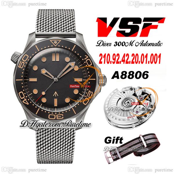 VSF V2 Diver 300M A8806 Relógio masculino automático com moldura de cerâmica Caixa de titânio real Mostrador preto Alça de malha 210.90.42.20.01.001 Relógios Super Edition Reloj Hombre Puretime B2