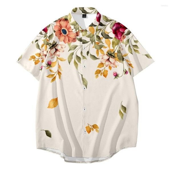 Camisas Casuais Masculinas Flor Folhas Caídas Camisa de Manga Curta Verão Respirável Top Moda Masculina Havaí Praia Solta Tamanho Grande