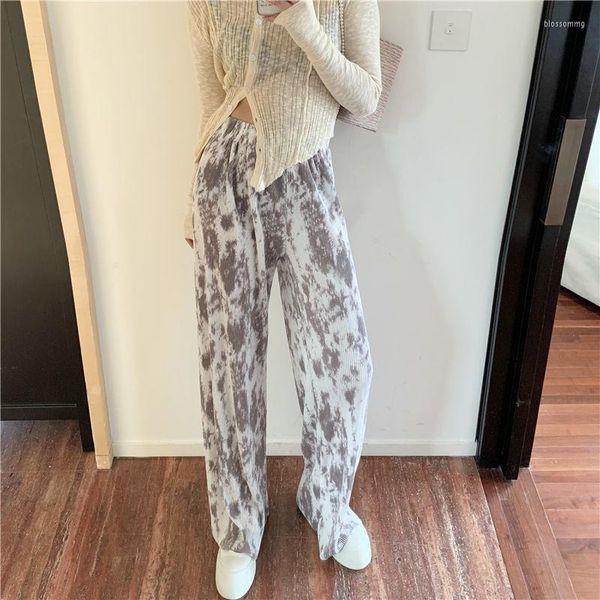 Calça feminina 2023 solta cintura alta alta boho confortável confortável ruched tie pinting impressão calça coreana calça casual mulheres fofas y468