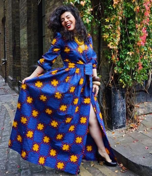 Abbigliamento etnico Africa e Indonesia Stampa digitale esplosiva Cardigan a maniche lunghe con scollo a V femminile Abito intero con cintura FQIF
