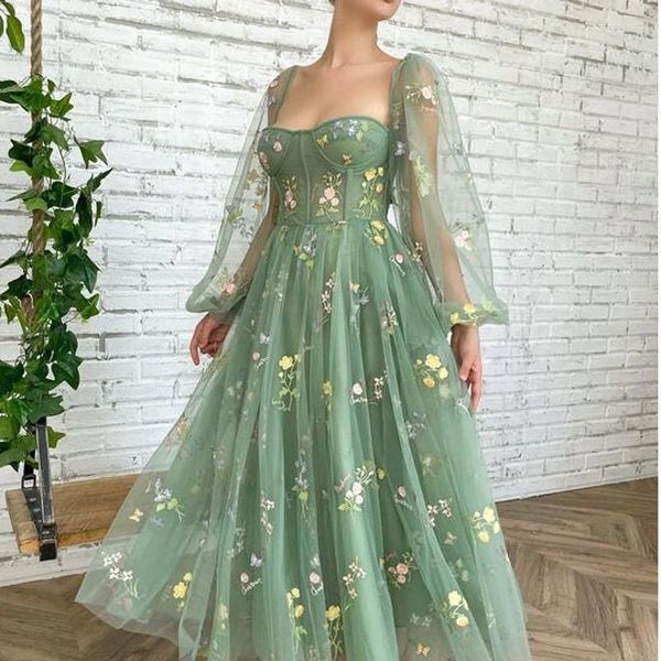 Vestidos casuais verde claro estilo corte francês saia longa de malha feminina 2023 elegante sexy doce floral bordado festa atacado nº 753