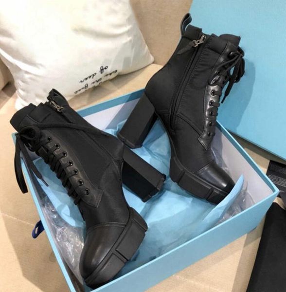 Женские дизайнерские кожаные и нейлоновые сапоги сапоги черные ткани монолит байкер австралийский каблуки на каблуках зимние кроссовки с коробкой
