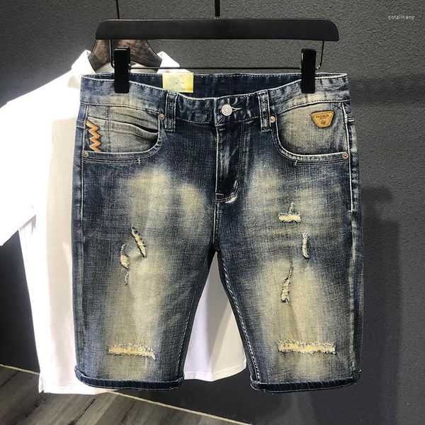 Herren-Shorts, Sommer, Vintage, zerrissen, elastisch, Denim, knielang, ausgefranst, mittlere Taille, gerade, männliche kurze Jeans, Bermuda