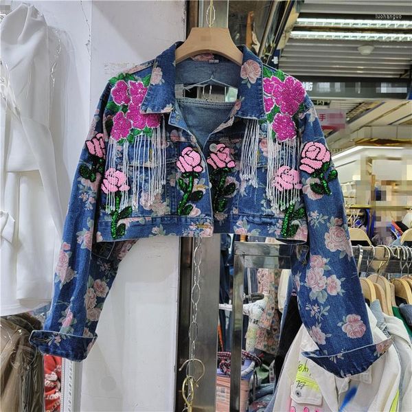 Giacche da donna European Station 2023 Spring Jean Jacket Stampa tintura di fiori Nappa ricamata a vita alta Denim Cappotto corto per le donne