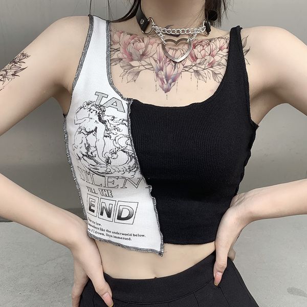 Regatas femininas Camis Estilo Punk Patchwork Regatas Estéticas Letras e Estampas Gráficas Crop Top Feminino Color Blocking Sem Mangas Streetwear 230609