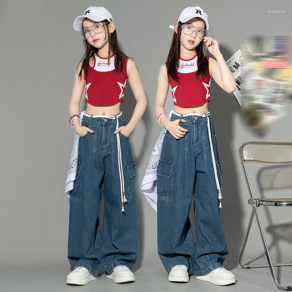 Vestuário de palco dança de rua hip hop roupas para meninas tops vermelhos soltos jeans kpop jazz performance roupas grupo concerto roupas de dança crianças bl10795