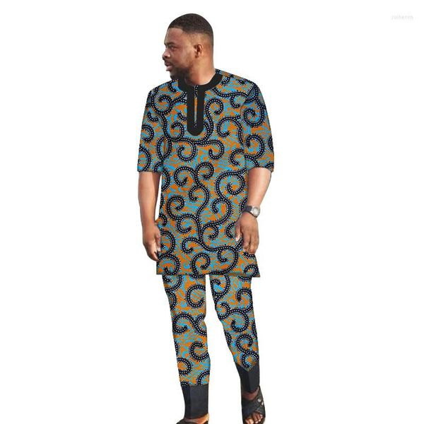 Ethnische Kleidung Halbarm-Design Patchwork-Hemden Hosen Afrikanischer Druck Herren-Outfits Männlicher Bräutigam Anzüge Nigerianische Mode-Hosen-Sets