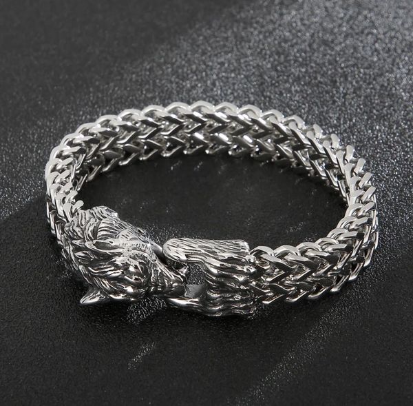 Bracciale da uomo punk animale testa di lupo Bracciale da polso in acciaio inossidabile retrò vichingo con ciondolo alla moda con catena a maglie