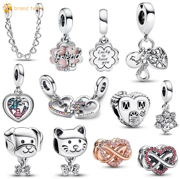 Prata esterlina 925 para pandora encantos contas autênticas pulseiras contas novo quebra-cabeça divisível amizade amizade corações ligados corrente de segurança casa lugar feliz