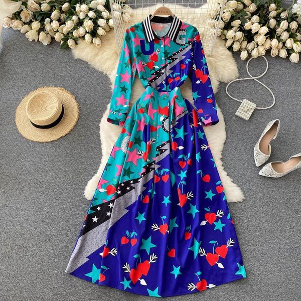 Vestidos Casuais Primavera Outono Camisa Feminina Vestido Feminino Gola Feminina Vintage Estampado Estrela Plus Size Maxi Vestidos Designer